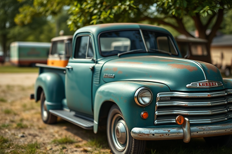 Vintage truck parked in an outdoor setting, shot with a DSLR camera, 50mm lens at f/2.8, ISO 100, natural light, shallow depth of field, highlighting the details and colors of the truck.