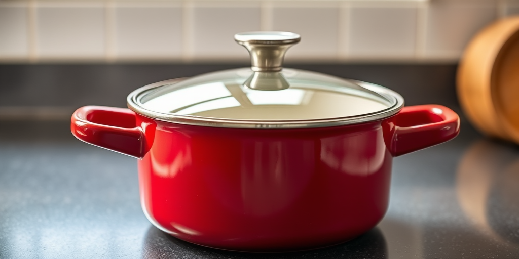 Generate a high-quality image of a red cooking pot with a glass lid, shot from a slightly elevated front-angle view, using a DSLR camera with a 50mm lens, f/2.8 aperture, ISO 100, and soft natural lighting to enhance reflections and details.