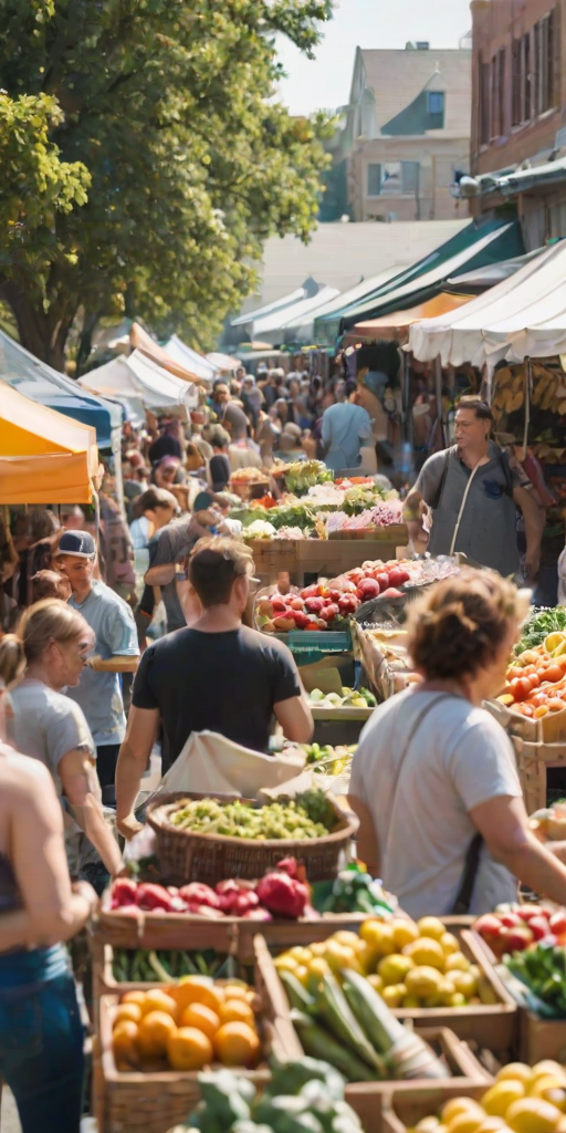 Blurry candid shot of a bustling outdoor farmers market, with vendors displaying fresh produce, colorful flowers, and smiling customers, all illuminated by soft sunlight.
