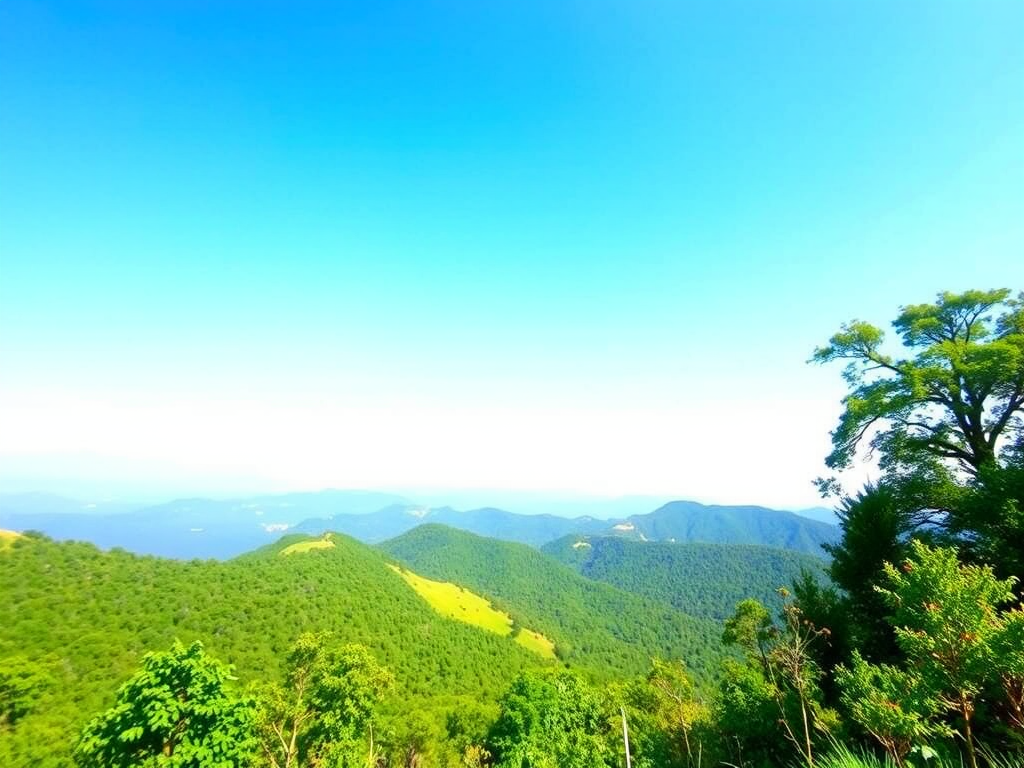 Generate a high-resolution image of a serene landscape with a clear blue sky and lush green hills, captured in a wide-angle view using a DSLR camera, aperture set to f/8 for depth of field, ISO 100 for clarity, and shutter speed 1/250 seconds to freeze motion.
