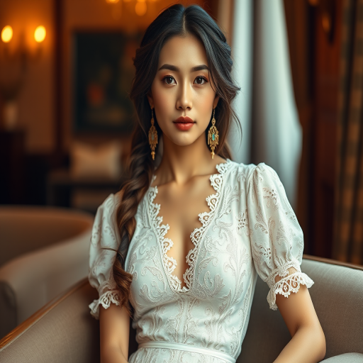 Create a portrait of a refined and elegant Mongolian woman seated in a sophisticated setting. She has long, wavy hair styled in two thick braids that are pulled over her shoulders. She wears a white, lace gown with intricate patterns, featuring a deep V-neckline and short sleeves. The dress exudes a vintage charm with its delicate lacework. She is adorned with ornate, dangling earrings that add a touch of glamour to her appearance. The background is softly lit, with warm, ambient lighting that creates a cozy and inviting atmosphere. Her expression is poised and serene, capturing a sense of grace and elegance.