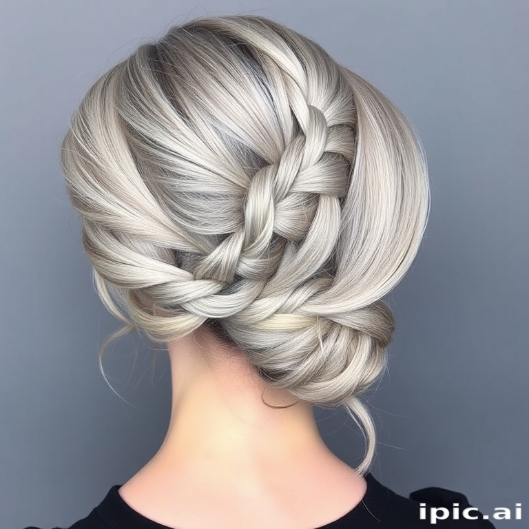 Silvery gray hair styled in a sleek low ponytail with an intricate braided wrap, Sterling Elegance design, showcasing a polished and sophisticated look with a modern twist