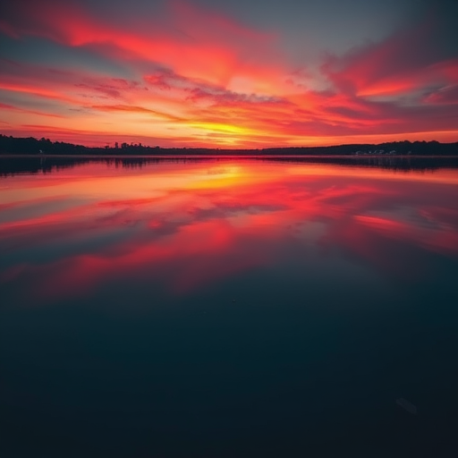 Generate an image of a serene sunset over a calm lake, with vibrant colors reflecting in the water, photographed using a Canon EOS R5, 50mm lens at f/1.8, ISO 100, 1/100 sec, with a low angle view to capture the foreground details and smooth water surface.