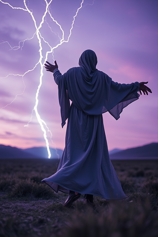 create a mystical scene of a figure with flowing garments summoning lightning in a tranquil landscape under a purple sky using a Canon EOS R5 with a 24-70mm lens, aperture f/2.8, ISO 100, 1/200 sec shutter speed, shot from a low angle to enhance perspective and depth, high dynamic range to capture vivid colors and details.