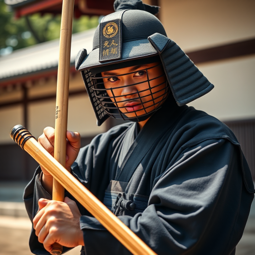 Create a high-resolution image of a kendo practitioner wearing traditional gear, holding a bamboo sword, captured with a 50mm lens, f/2.8 aperture, in natural light, from a low-angle perspective, using a DSLR camera with a vibrant color palette.