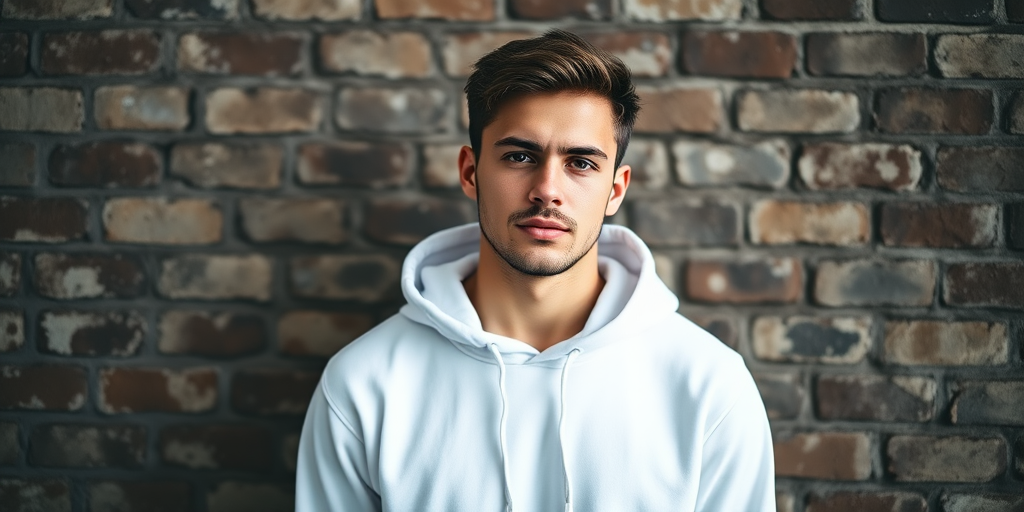 portrait of a young man in a white hoodie against a textured brick wall, soft natural lighting, shallow depth of field, 50mm lens, f/1.8 aperture, ISO 200, high dynamic range imaging, taken with a mirrorless camera
