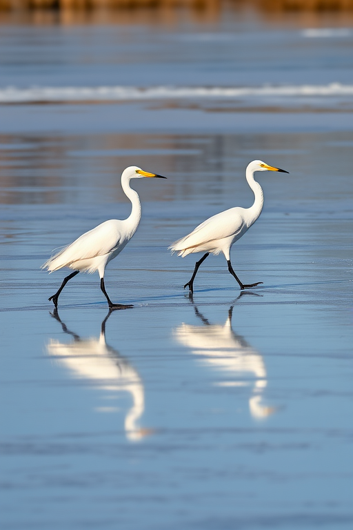 Capture a scene of three white egrets walking on a frozen lake, emphasizing their elegance and reflections on the ice, use a DSLR camera with a 200mm lens, aperture f/4, shutter speed 1/500 sec, ISO 200, shot in natural light from a low angle to highlight the birds in action.