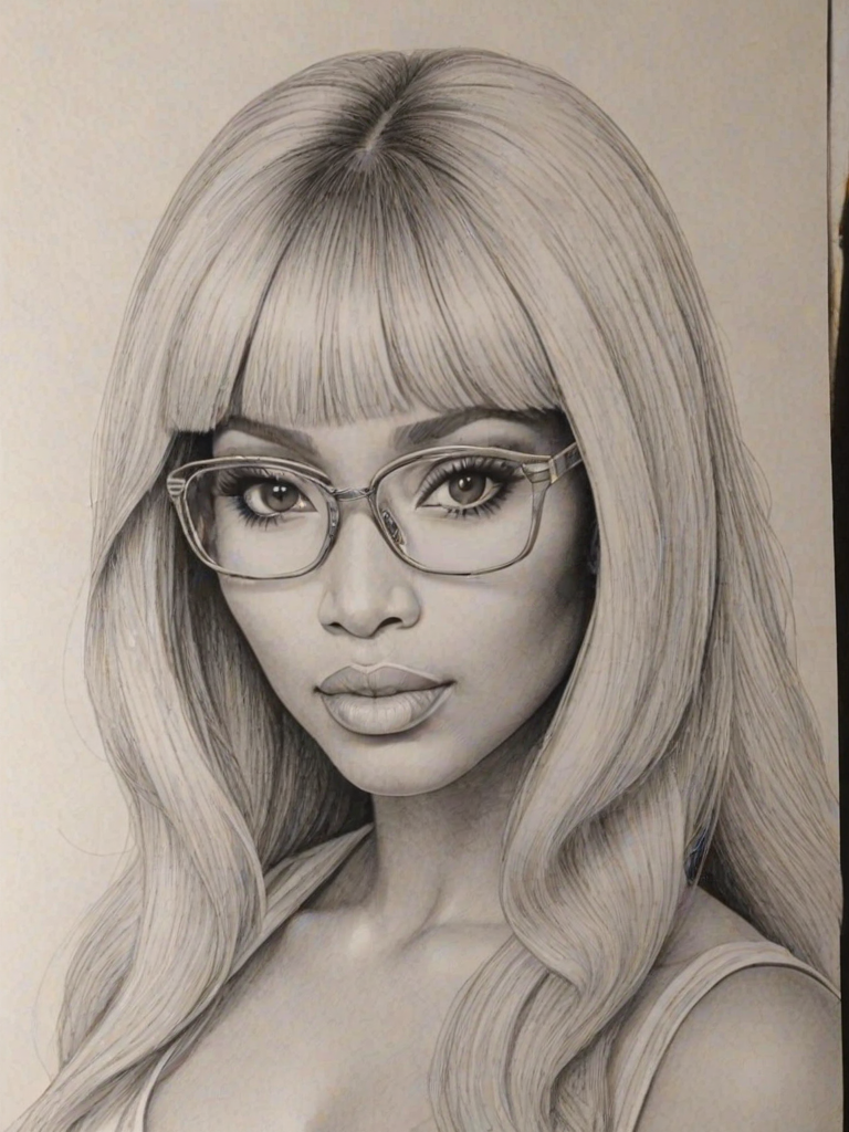 Stunning Nicki Minaj, pencil sketch, portrait of Gorgeous woman 1970s in glasses, hair style beatnik, outline, clear lines, fine lines, 8k