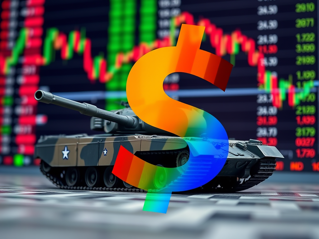 Create an image featuring a large colorful dollar sign overlaying a military tank and a blurred financial chart background, captured with a DSLR camera at f/8 aperture, ISO 200, 50mm lens, using a shallow depth of field for enhanced focus.