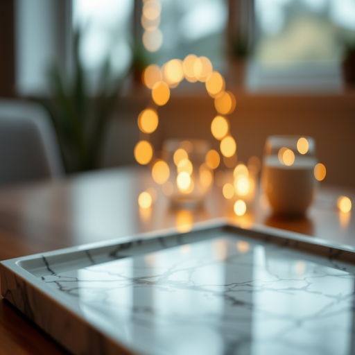 Capture a close-up shot of a marble-patterned tray with a blurred background, using a DSLR camera with a 50mm lens, aperture set to f/1.8, shutter speed 1/125s, ISO 200, natural soft lighting with bokeh effect from fairy lights.