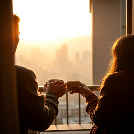Warmly lit, intimate photo of a couple sharing a cup of coffee on a balcony at sunrise, soft golden light streaming over the cityscape below, with distant skyscrapers barely visible through the morning mist.