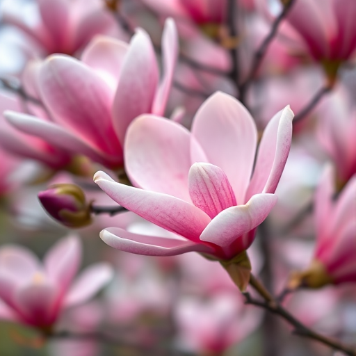 Regenerate an image of pink magnolia flowers with a soft focus effect, aperture f/2.8, ISO 100, macro lens, taken from a low angle to emphasize the petals and details.