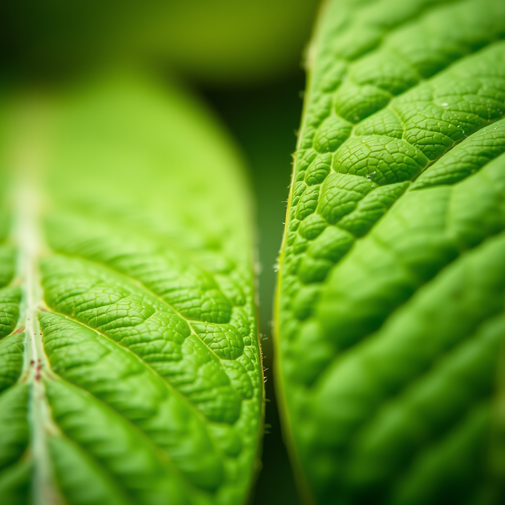 Close-up of textured green leaves with soft bokeh background, aperture f/2.8, shutter speed 1/200s, ISO 200, natural light, macro lens, DSLR camera.
