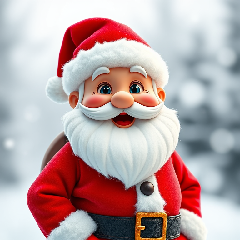 Generate a high-resolution image of a cheerful Santa Claus cartoon character wearing a red suit with white fur trim, set against a snowy background, captured using a DSLR camera with a 50mm lens, f/1.8 aperture, ISO 100, and a shallow depth of field for a vibrant and festive look.