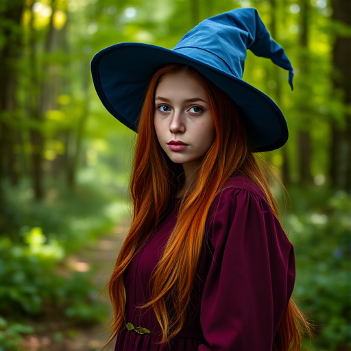 Portrait of a young woman with long red hair wearing a blue witch hat and a deep burgundy dress in a lush forest setting, shot with a Canon EOS R5 at f/1.8, ISO 100, 50mm lens, natural soft lighting for a dreamy atmosphere.