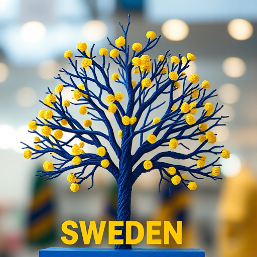 Create an image of a blue and yellow decorative tree with the word "SWEDEN" at the bottom, using a DSLR camera, 50mm lens, f/2.8 aperture, 1/200s shutter speed, ISO 100, focused on the tree's details, in bright and vivid lighting.