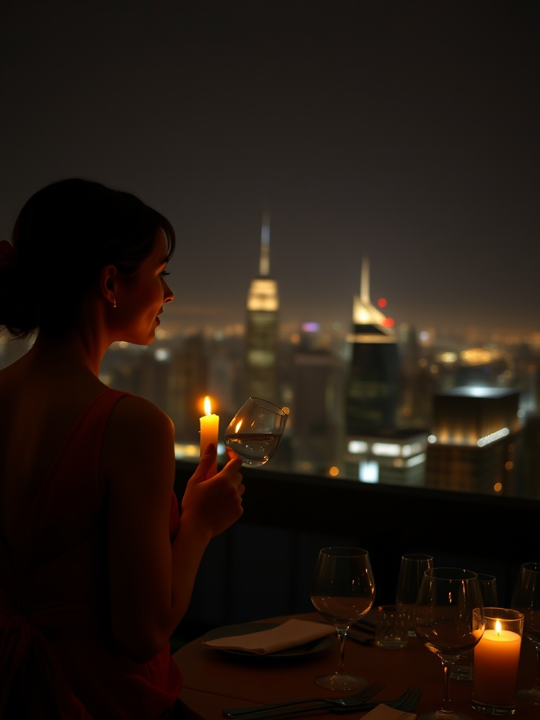 Candlelit dinner on a rooftop terrace, the city lights twinkling below, and a woman dressed elegantly, her face glowing in the soft candlelight as she gazes out over the skyline.