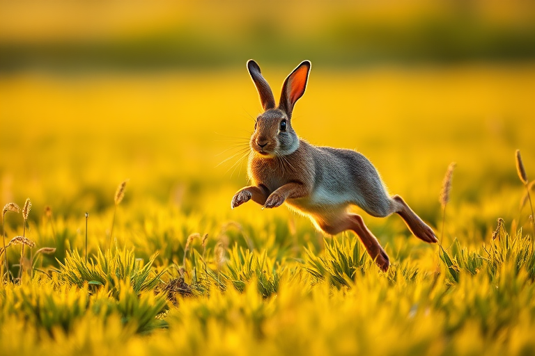 Capture a high-quality image of a rabbit leaping in a lush green field during golden hour, using a DSLR camera with a 50mm lens at f/2.8, ISO 200, shutter speed of 1/1000s, positioned at eye level for a natural perspective.