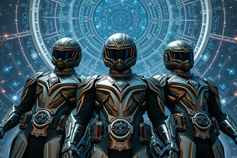Create an image of three futuristic armored superheroes in a celestial setting with intricate ornate details, using a Canon EOS R5, 50mm lens, f/2.8 aperture, ISO 100, 1/250 sec shutter speed, and a dramatic low-angle shot for an epic perspective.