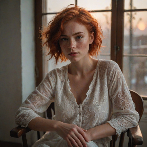 young woman, short messy red hair, light freckles, beautiful face, wearing a loose white cotton lace shirt ,  portrait photo,  posing for a picture in a chair with her hands in her lap, Ayshia Ta k n, parted lips, round cleavage, collarbone, bare shoulders, natural light, a portrait, art nouveau, sunset light through a window, darkly lit, shadows across face