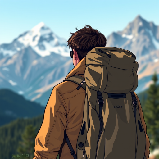 create a detailed illustration of a hiker in a mountainous landscape with a focus on the back of the figure, capturing textures of the backpack and clothing, using a DSLR camera with a 50mm lens, aperture set to f/2.8 for shallow depth of field, shooting from a slightly low angle perspective to emphasize the height of the mountains, using a soft natural light to enhance colors and details in the scene
