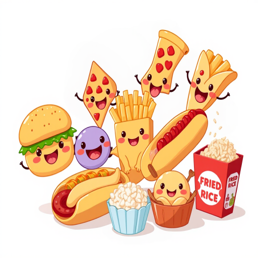 Create a colorful, high-resolution digital illustration of cute cartoon food characters including a smiling burger, a playful slice of pizza, happy tacos, cheerful French fries, joyful chicken wings, a friendly hot dog, adorable dumplings, and a delightful box of fried rice, with a soft-focus background, using digital art software, emulate a cartoon style, and ensure vibrant colors and crisp lines for each character.