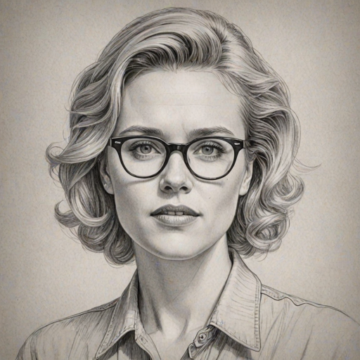 Captivating Kate McKinnon, pencil sketch, portrait of Charming woman 1956s in glasses, hair style beatnik, outline, clear lines, fine lines, 8k