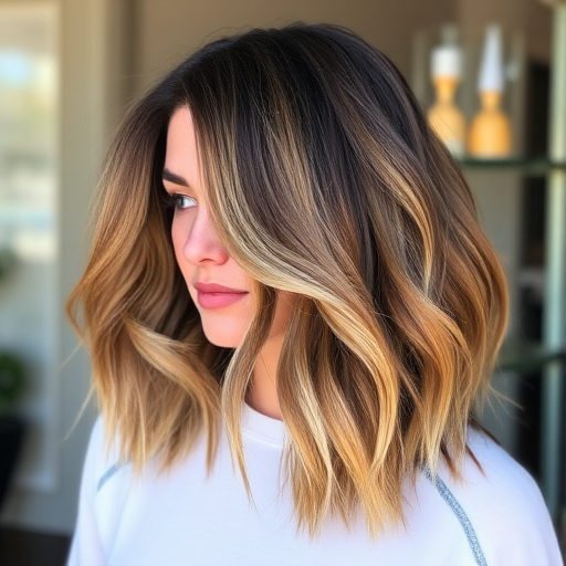 Chic fashionista showcasing a trendy lob (long bob) with a lived-in balayage, styled in tousled beach waves and accented with caramel highlights