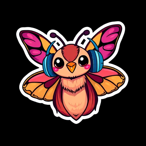 this image is sticker, Happy Colorful Moth wearing Headphones, kawaii, contour, vector, black background