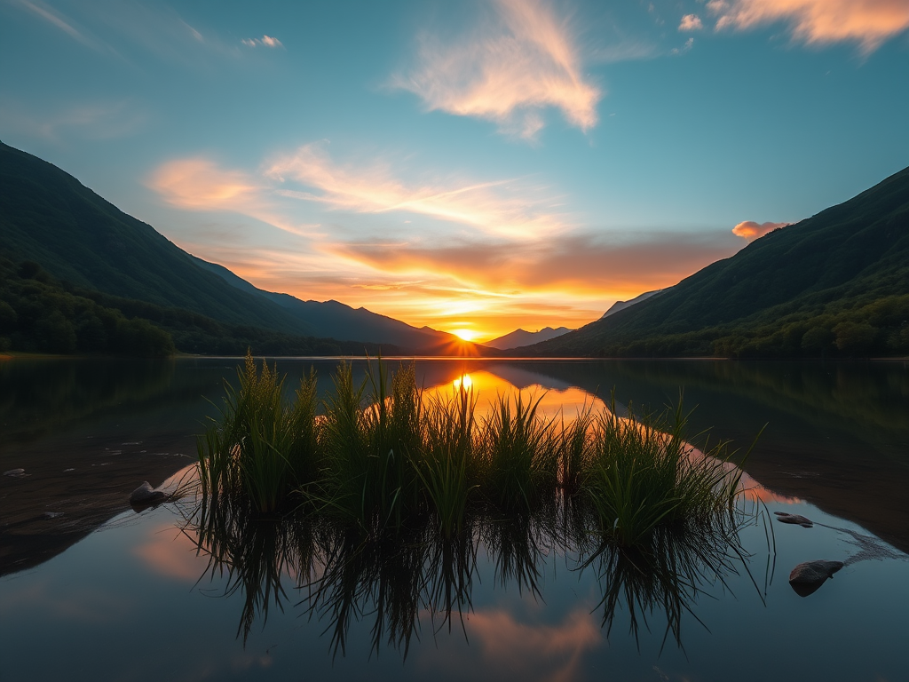 Create a high-resolution image of a serene landscape featuring a sunrise over a tranquil lake surrounded by lush greenery and distant mountains, using a Canon EOS R5 with a 24-70mm lens at f/8, ISO 100, 1/125 sec, shot from a low angle to emphasize the reflection in the water and the vibrant colors of the sky.