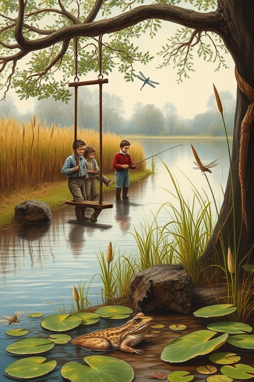 Imagine a small group of old fashioned young boys out fishing by the creek, a swing hanging from a tree branch, reeds and grasses by the water's edge, a frog sitting on a lily pad, dragonflies hovering over som water plans, a very iconic old fashioned scene reminiscent of a Norman Rockwell painting style