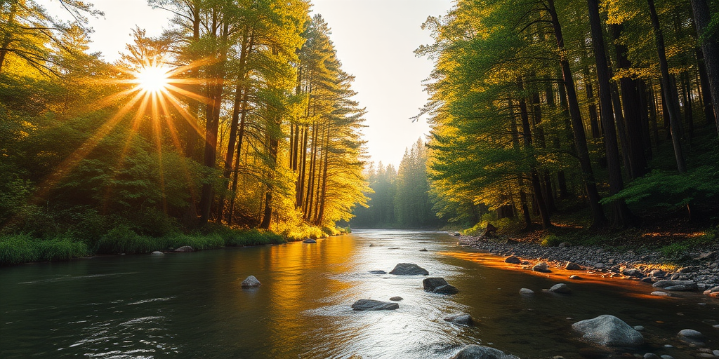 Create an image of a serene, sunlit forest scene with a clear, gently flowing river. Tall trees with lush green foliage line both sides of the river, their leaves bathed in the warm golden light of the setting or rising sun. The sunlight filters through the trees, casting soft, dappled light on the river, which flows over smooth rocks and pebbles, creating a peaceful, natural atmosphere. The sky is bright with a few scattered clouds, and the overall mood is tranquil, evoking a deep sense of connection with nature. The image captures the beauty of a calm, pristine forest landscape at either dawn or dusk.