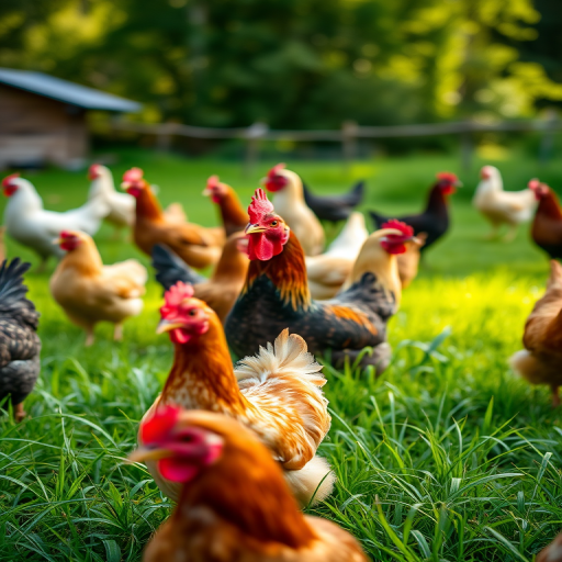 A vibrant outdoor scene featuring a diverse group of chickens in a green field under soft natural light, taken with a Canon EOS R5, 50mm lens, aperture f/2.8, ISO 200, shutter speed 1/250s, with a slightly blurred background for depth.
