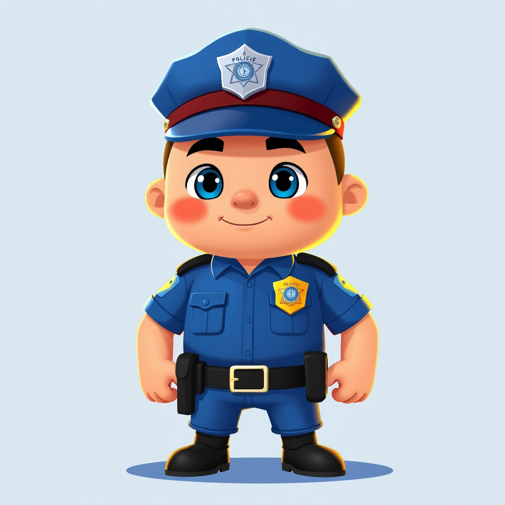 Create a cartoon character of a police officer with a blue uniform and a prominent badge, full body view, vibrant colors, 4K resolution, use a digital art style, and ensure the lighting highlights the character's features.