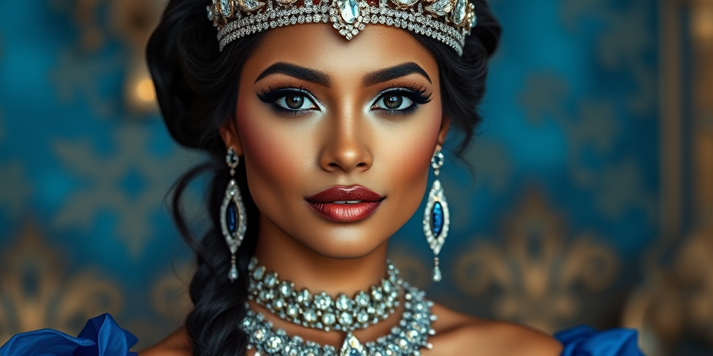 A gorgeous Maori woman in a luxurious blue gown, accessorized with a dazzling tiara and statement earrings, her deep black eyes highlighted by impeccable makeup, poised in a royal setting, photorealistic, 8K quality