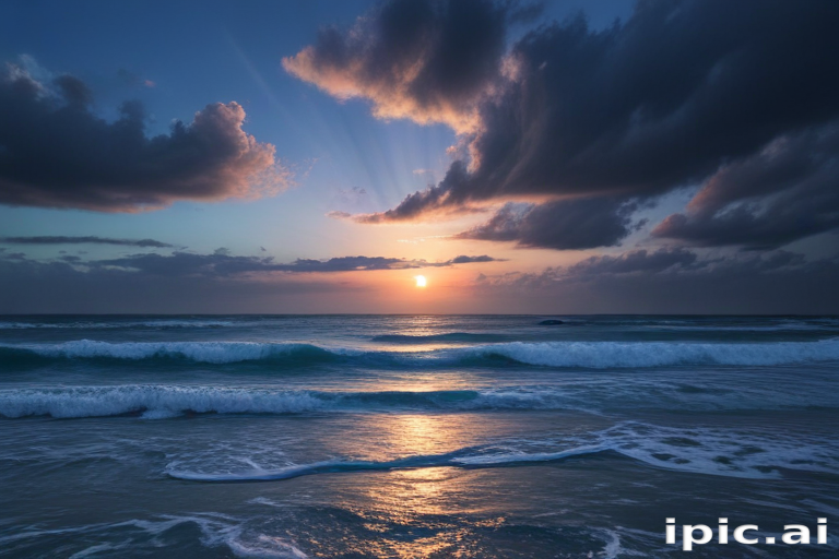 Serene Sunset Over the Ocean with Waves and Dramatic Clouds