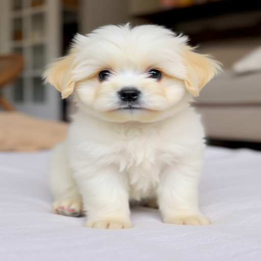 Cute fluffy white puppy with round body and big black eyes sitting on a soft white surface in a cozy indoor setting.
