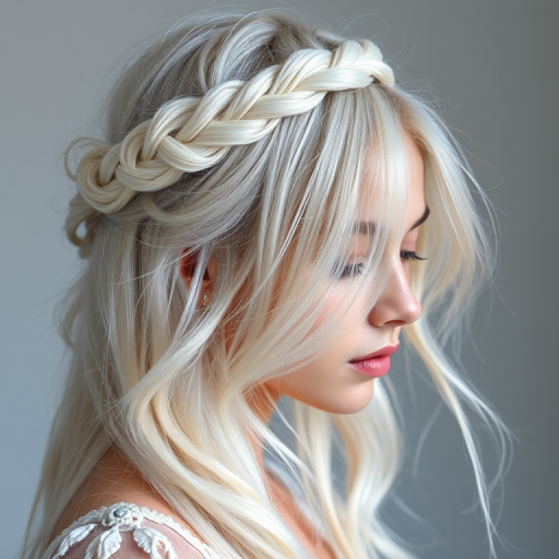 Dreamy image showcasing Opal Essence hair, iridescent white with subtle rainbow reflections, styled in a loose, romantic braided crown