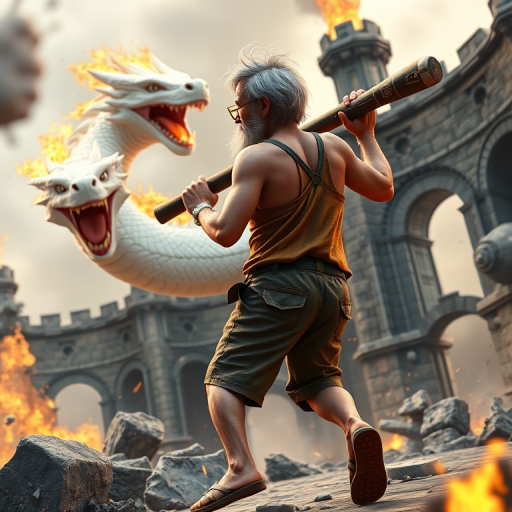 Cartoon 3D High-Resolution,dynamic battle scene using Unreal Engine 5 and Octane Render. The scene features back of an elderly, thai man with a beard,messy hair and round golden-rimmed glasses. He is wearing a tattered tank top with soot marks, shorts, and sandals. sweating. he wields a baseball bat. He jump to fight with a white fire-breathing Europe dragon amidst a partially destroyed stone castle. Include intense flames, smoke, and debris to enhance the dramatic effect.