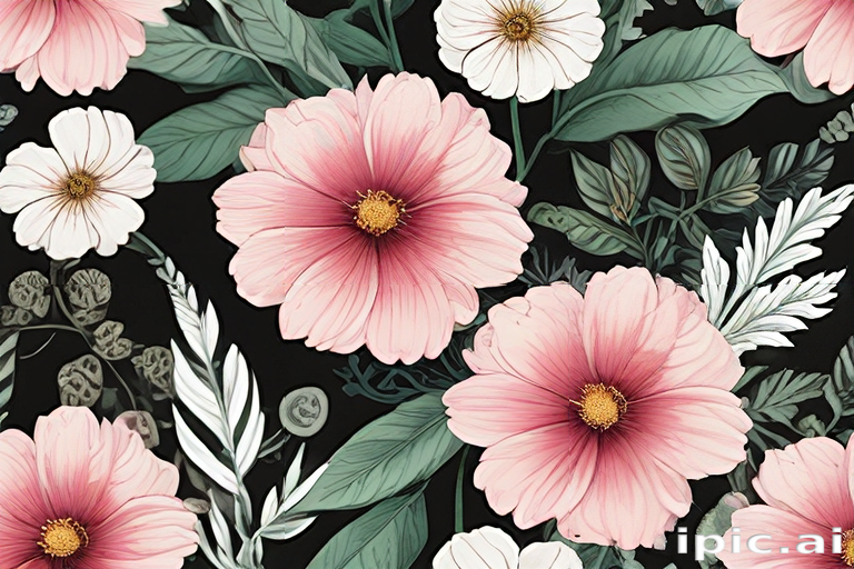Vibrant Floral Pattern Featuring Pink and White Flowers on a Dark ...