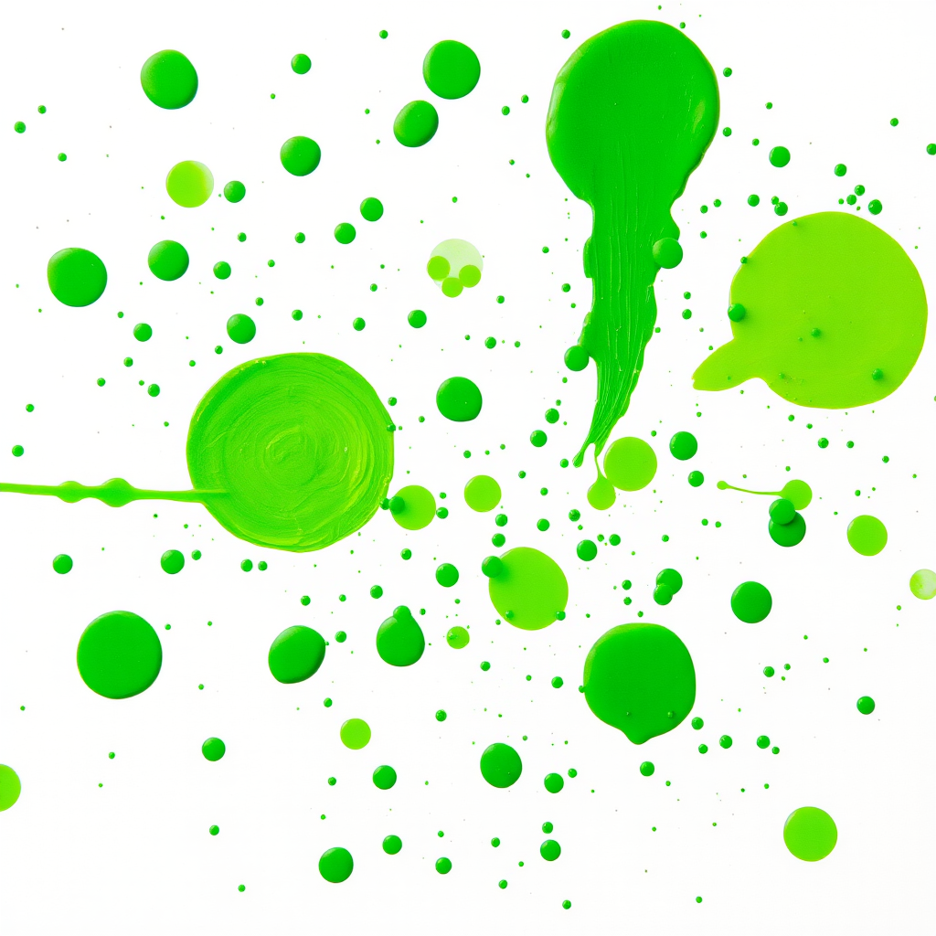 Create an abstract image of green paint splatters on a white background, using a DSLR camera with a 50mm lens, aperture f/2.8, ISO 100, and a shallow depth of field for enhanced focus on the splatters.