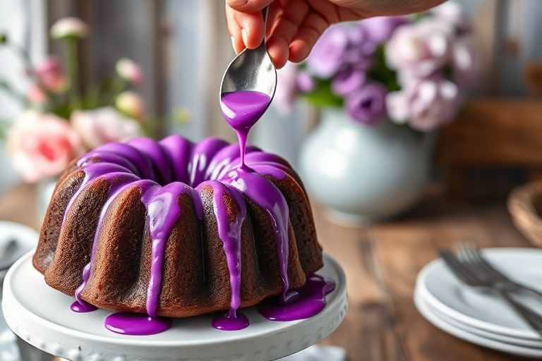 A close-up of a chocolate bundt cake on a white pedestal with vibrant purple glaze dripping down the sides a hand holding a spoon is pouring more glaze from above the background features soft focus flowers and a rustic wooden table setting
