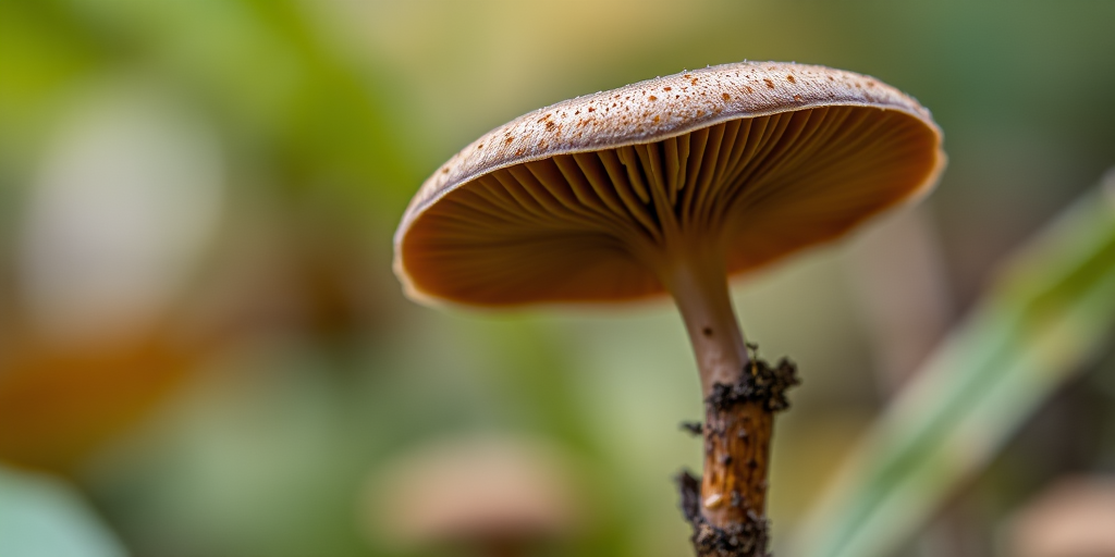 macro shot of a unique brown mushroom on a stick, 50mm lens, f/2.8 aperture, ISO 200, natural lighting, DSLR camera, focus on details and texture