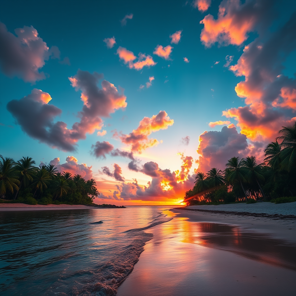 Tropical beach scene at sunset with vibrant colors reflecting in the water, palm trees lining the shoreline, clouds illuminated by the setting sun, shot with a DSLR camera, ISO 100, f/8, 1/200s, wide-angle lens, landscape orientation.