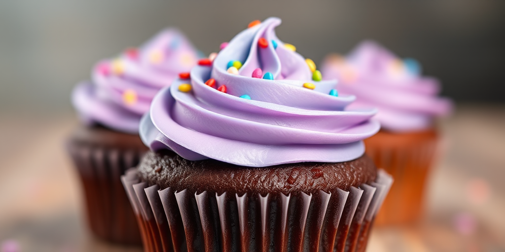 Create a high-resolution image of a beautifully decorated chocolate cupcake with swirls of pastel purple and blue frosting topped with colorful sprinkles, shot with a Canon EOS R5 at f/2.8, 50mm lens, in soft focus with a bokeh background to enhance the colors and depth.