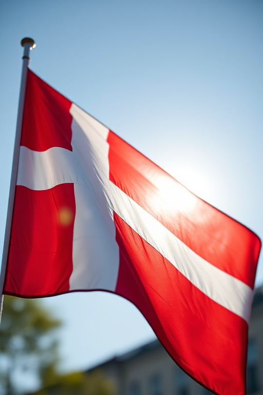 Create a high-resolution image of the Danish flag, captured with a DSLR camera at 50mm focal length, aperture f/8, ISO 100, in bright daylight, using a shallow depth of field.