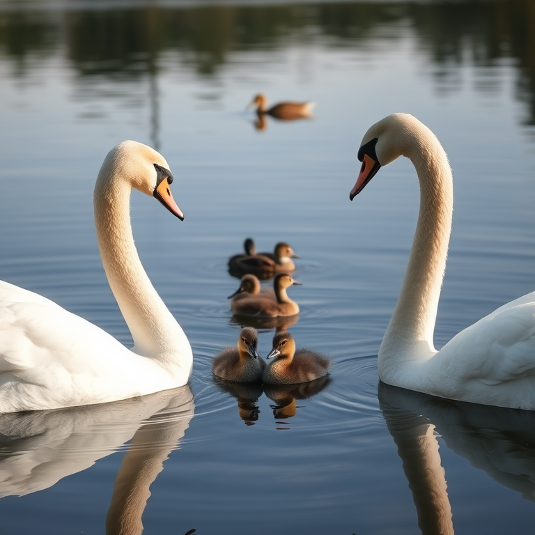 create a serene lake scene with two elegant swans facing each other, their reflections visible on the calm water, with a family of ducklings and a female duck swimming in the background, captured with a DSLR camera at f/2.8 aperture, ISO 100, 1/200 sec shutter speed, in natural soft light, with a focus on the swans to enhance detail and clarity