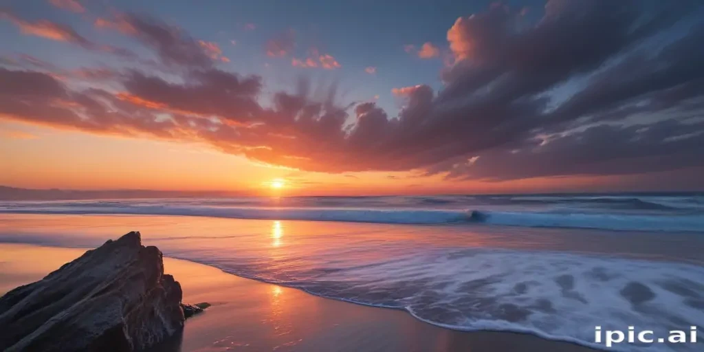 Serene Sunset Over Ocean Waves with Dramatic Clouds and Rocky Shoreline