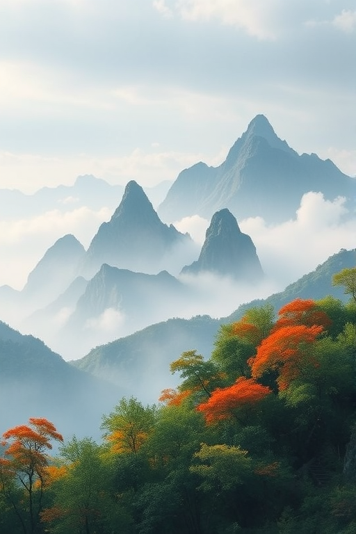 A nature landscape painting in the style of Black Myth: Wukong with a cold color scheme, featuring vibrant trees in the foreground reaching towards the sky to echo distant mountains of various shapes. Each mountain is enveloped by mist, adding a mystical touch. The overall color palette contrasts blue-gray skies with pale green vegetation. Light enters from the left side, enhancing the sense of depth and dimension, making the mountain contours more distinct and the mist appear ethereal. This detailed and poetic artwork showcases the majesty of nature while creating a serene and profound atmosphere.