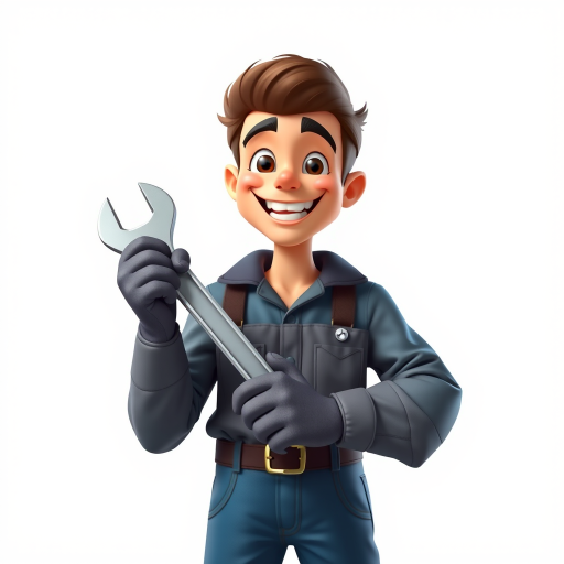 Create a cartoon-style image of a cheerful mechanic holding a wrench, use soft lighting with a bright white background, camera settings: ISO 100, f/2.8, 1/200s, shot from eye level with a 50mm lens on a DSLR camera.